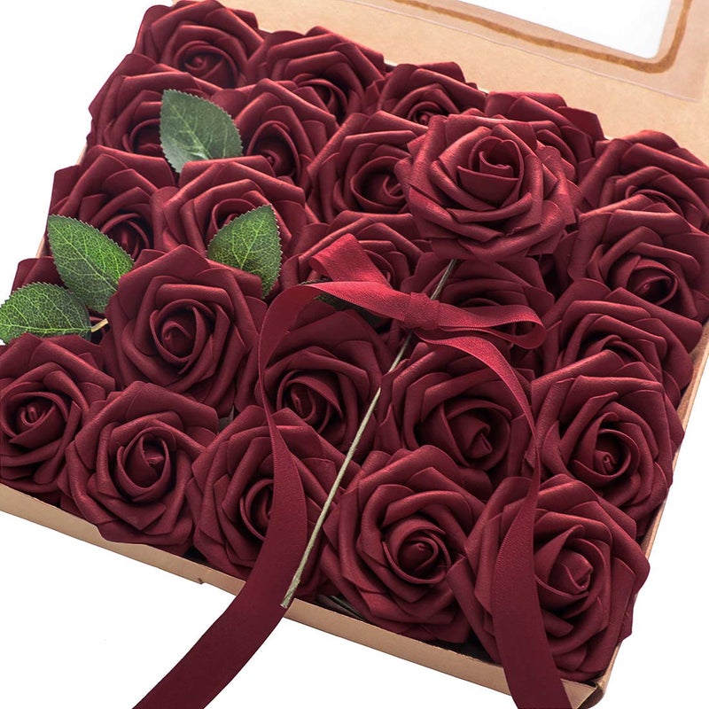Floroom Artificial Flowers 25pcs Real Looking Burgundy Foam Fake Roses with Stems for DIY Wedding Bouquets Red Bridal Shower Centerpieces Party Decorations - Image 1